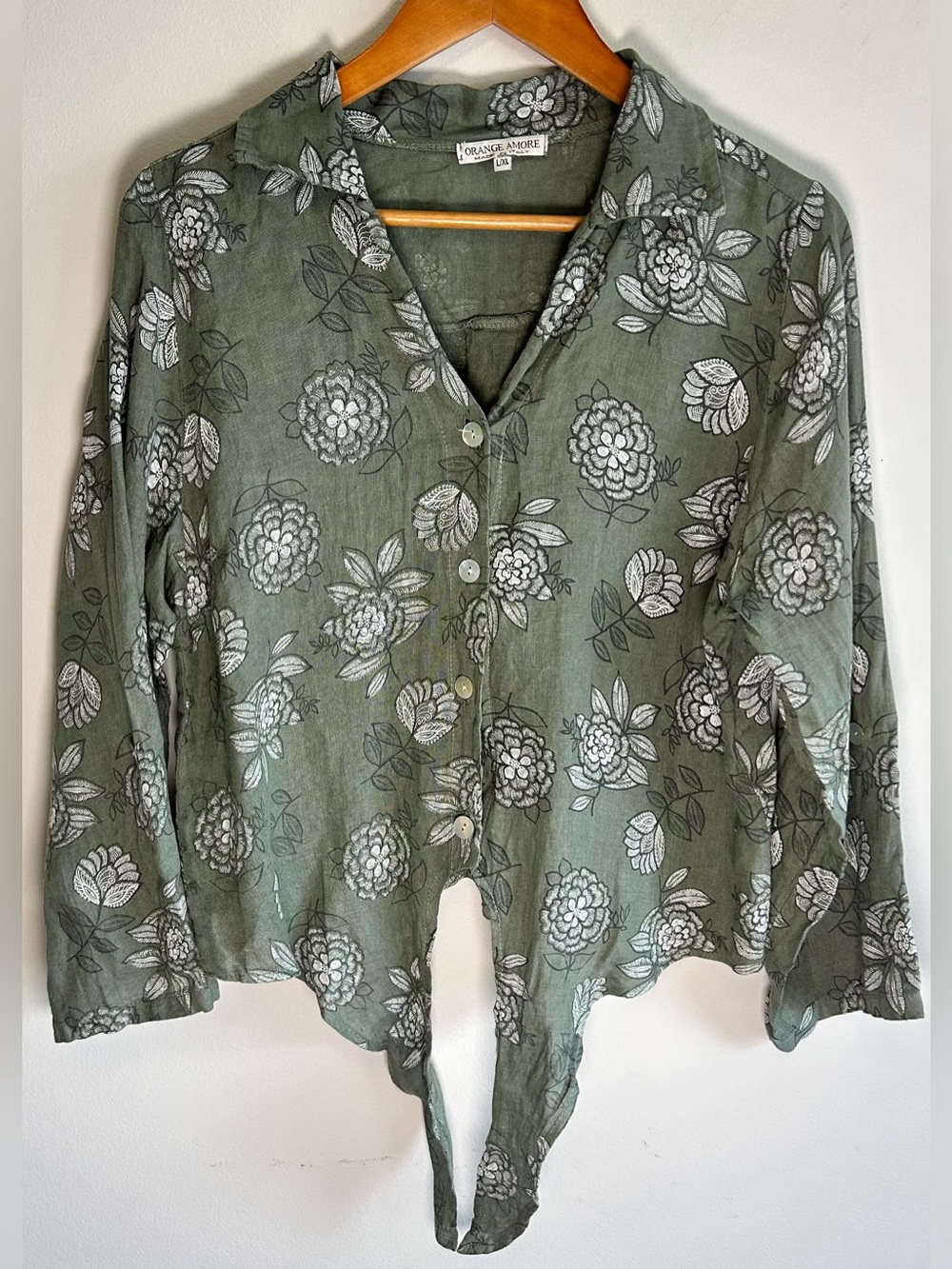 Orange Amore Italy Linen Tie Front Top Womens L/XL Green Floral Button Up Chic